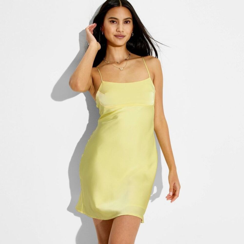 Women's Scrunchy Strap Back Fit and Flare Mini Slip Dress -  Lemon Yellow M